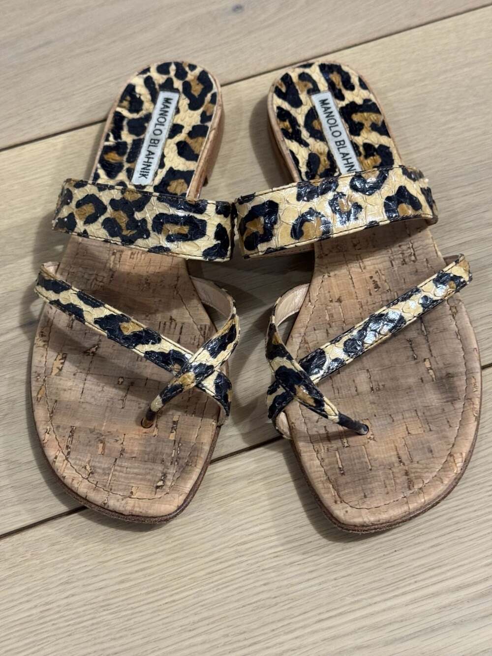 Manolo Blahnik Leopard Print Cork Thong Sandals Size 37